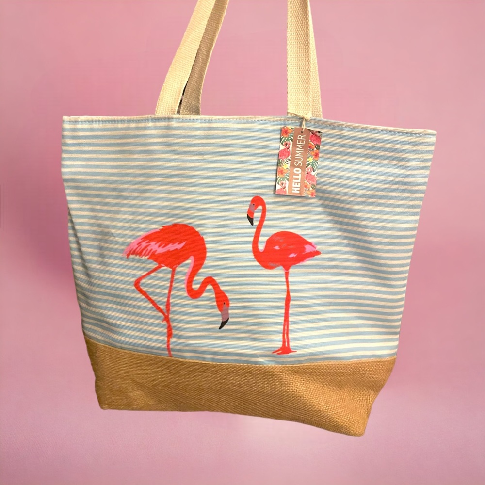 Striped Flamingo Beach Tote or Reusable Shopper
